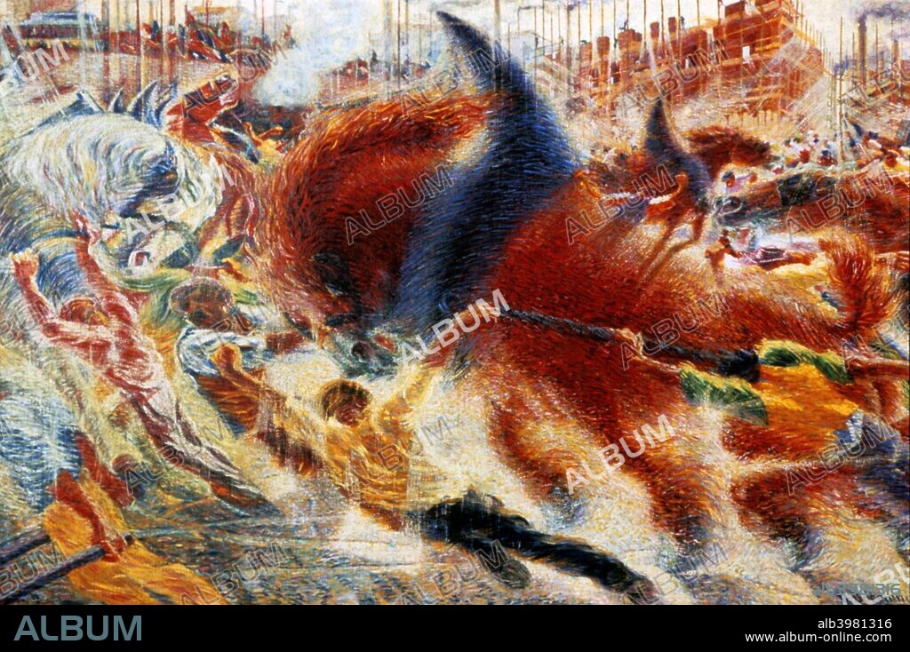 'The City Rises', 1911. Against the Milanese urban background of smoking chimneys, scaffolding, a streetcar, and a locomotive, enormous draft horses tug at their harnesses, while street workers attempt to direct the animals' explosive strength.