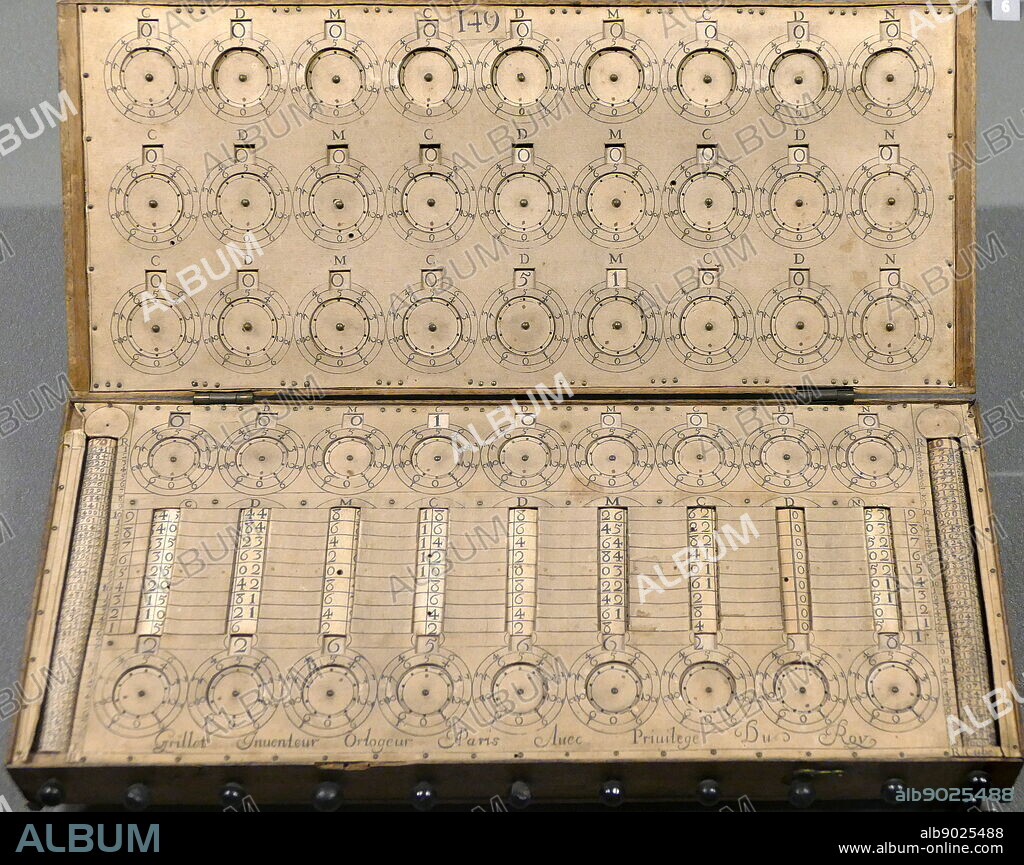 Rene Grillet de Roven, was a French mechanic and watchmaker who designed this mechanical calculating machine in the 17th century. Grillet came from Rouen in north-western France, the capital city of Normandy. He served as watchmaker to King Louis XIV. Grillet displayed his machine at fairs in France and the Netherlands between 1673 and 1681.