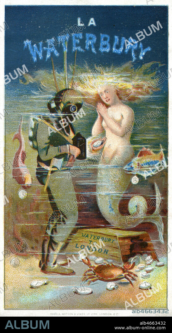 Un scaphandrier offre une montre a une sirene. Publicite vers 1910 pour les montres anglaises Waterbury. Illustration anonyme. Credit : Collection IM/KHARBINE-TAPABOR.