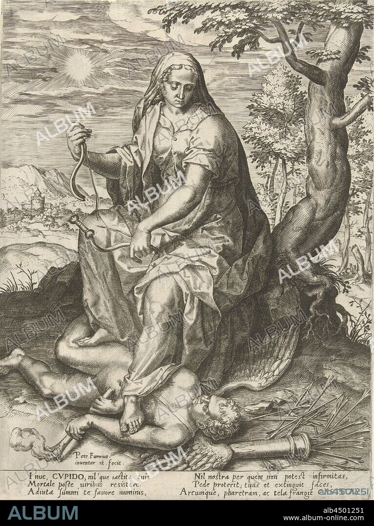 Chastity overcomes Love Seven virtues and seven vices (series title), The personification of Chastity (Castitas) sits under a tree and tramples Amor, the god of love. She breaks the bow of Amor in two. The print has a Latin caption and is part of a series about virtues and vices, one Virtue fighting against or treading upon one Vice, 'Castita', 'Pudicitia', 'Vergogna honesta' (Ripa), fettered Cupid, 'Amor Cruciatus ', Pieter Jalhea Furnius (attributed to workshop of), 1550 - 1625, paper, engraving, h 262 mm × w 197 mm.