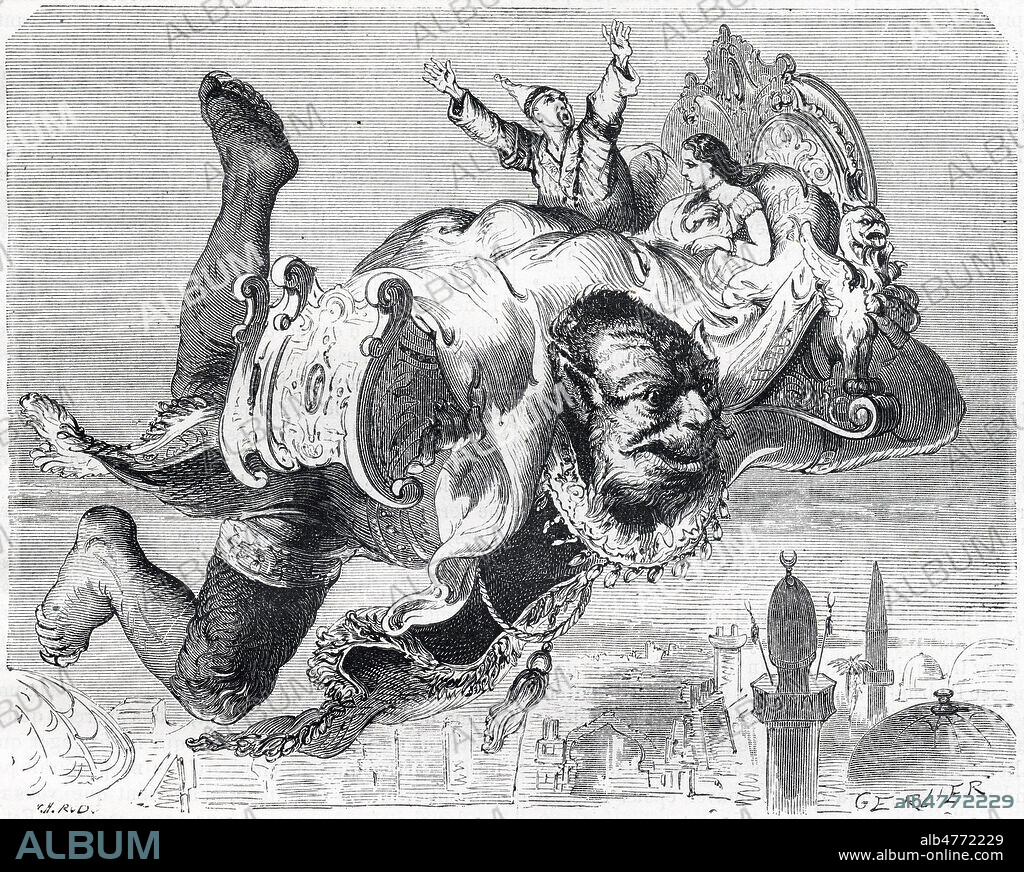 MILLE ET UNE NUITS, ALadin et la lampe merveilleuse . Le genie transporte le lit. Gravure 19eme. Credit Collection KHARBINE TAPABOR.