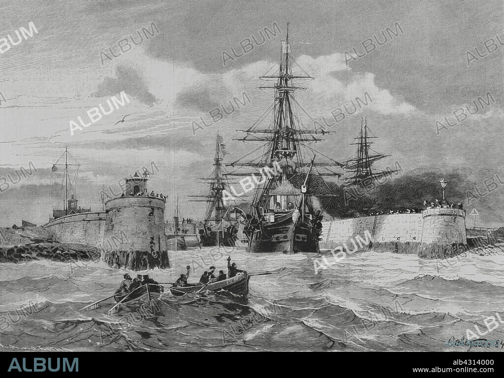 Wilhelmshaven, Germany. Imperial German Navy (Kaiserliche Marine). Warships SMS Ariadne (steam corvette) and SMS Bismarck (Bismarck-class corvette) destined for the east coast of Africa. Engraving. The Spanish and American Illustration (La Ilustración Española y Americana), 1884.