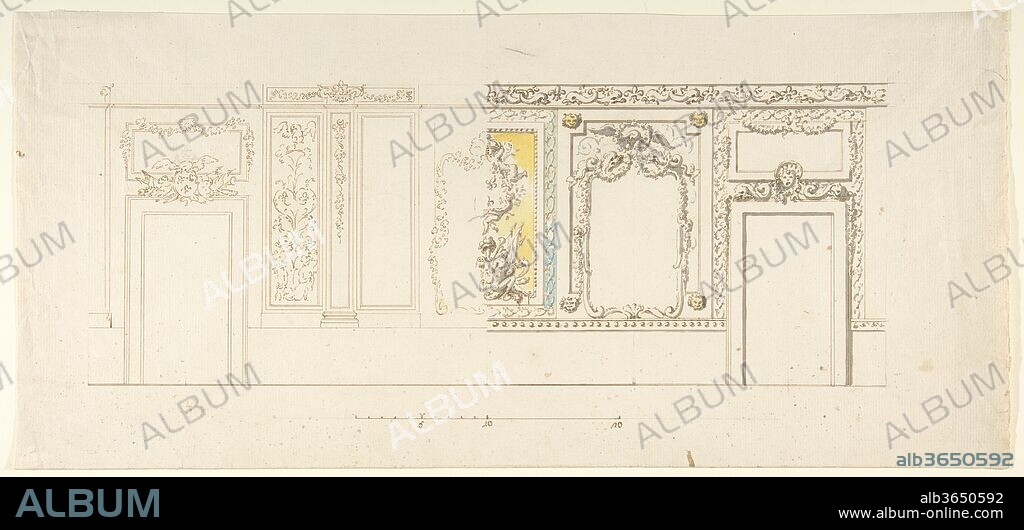 Design for an Interior Wall Decoration of a Palazzo with Two Doorways and a Decorated Panelling with Trophies. Artist: Anonymous, Italian, first half of the 18th century. Dimensions: 8-11/16 x 18-11/16 in.  (22 x 47.5 cm). Date: 18th century.