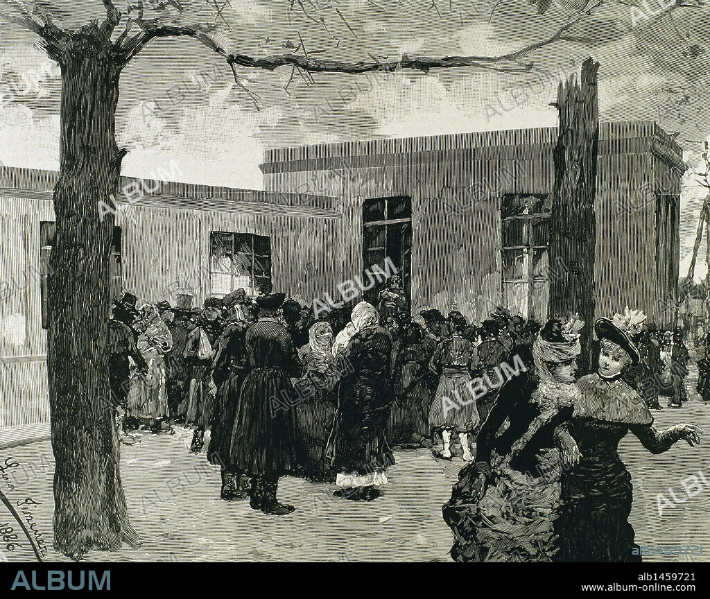 PASTEUR, Louis (Do^le ,1822-Villeneuve-l 'Etang, 1895) French chemist and bacteriologist. Discovery of rabies vaccine by Dr. Pasteur. Outside the Paris laboratory with the sick together. Drawing from nature by Luis Jimenez. Colored engraving.