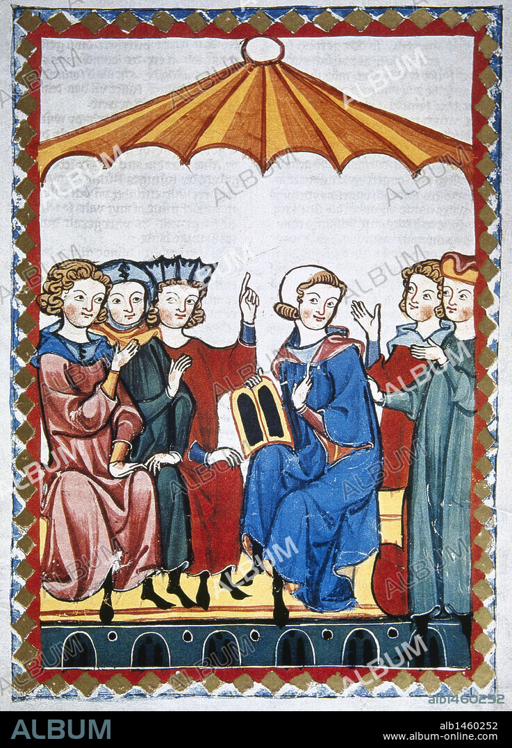 Gottfried von Strassburg, 13th century poet, with his work. Codex Manesse (ca.1300) by Rudiger Manesse and his son Johannes. Fol. 364r. University of  Heidelberg. Library. Germany.