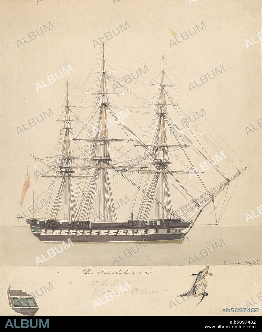 The Revolutionaire: Single Corvette, Joseph Cartwright, c.17891829, British, 1820, Watercolor, pen and black ink, gray ink, and graphite on moderately thick, moderately textured, beige, wove paper, mounted on, moderately thick, slightly textured, beige, wove paper, Mount: 14 7/8 × 16 7/8 inches (37.8 × 42.9 cm) and Sheet: 12 1/8 × 10 1/8 inches (30.8 × 25.7 cm).