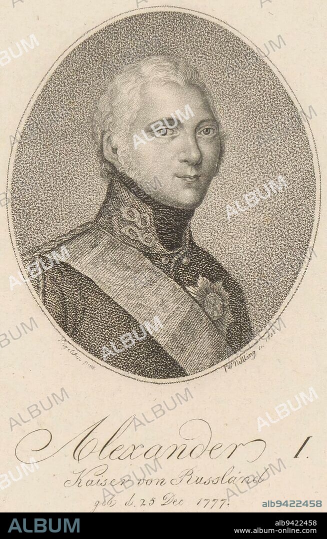 Portrait of Alexander I, Tsar of Russia, print maker: Friedrich Wilhelm Nettling, (mentioned on object), after: Franz Gerhard von Kügelgen, (mentioned on object), 1805, paper, h 161 mm - w 118 mm.