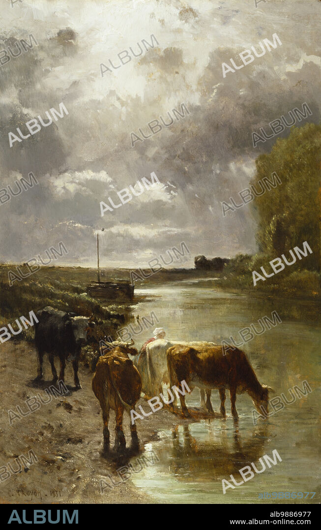 CONSTANT TROYON. Cattle Drinking, 1851. Troyon is best known for his animal paintings but, in fact, specialized in landscape painting in his early career. This picturesque view shows a scene on the banks of the Touques River in Normandy where he painted regularly in the 1850s together with Eugène Boudin and Emile van Marcke. The sun is directly overhead, fringing the clouds, shimmering on the water, and illuminating the backs of the cows. Troyon's mastery of light was admired by the young Claude Monet. So highly regarded was this river scene that it was included in an exhibition held in 1883 in the galleries of Georges Petit, Paris, to celebrate the world's alleged "One Hundred Masterpieces.".