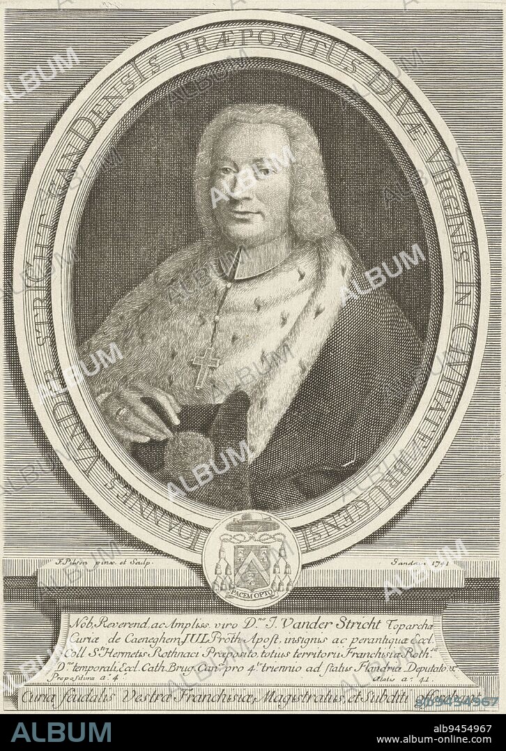 Portrait of Johannes Van der Stricht, canon at Ghent, aged 41. On the piedmont his coat of arms with his motto in Latin. Portrait of Johannes Van der Stricht, print maker: Frans Pilsen, (mentioned on object), after: Frans Pilsen, (mentioned on object), Ghent, 1741, paper, etching, engraving, h 219 mm × w 158 mm.