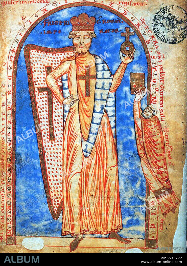 Frederick I Barbarossa (1122 – 10 June 1190) was a German Holy Roman Emperor. He was elected King of Germany at Frankfurt on 4 March 1152 and crowned in Aachen on 9 March 1152. He became King of Italy in 1155 and was finally crowned Roman Emperor by Pope Adrian IV on 18 June 1155. Two years later, the term 'sacrum' (i.e. 'holy') first appeared in a document in connection with his Empire. He was then also formally crowned King of Burgundy at Arles on 30 June 1178. He got the name Barbarossa from the northern Italian cities he attempted to rule. Barbarossa is 'red beard' in Italian—a mark of both their fear and respect.  In German, he was known as Kaiser Rotbart which has the same meaning.
