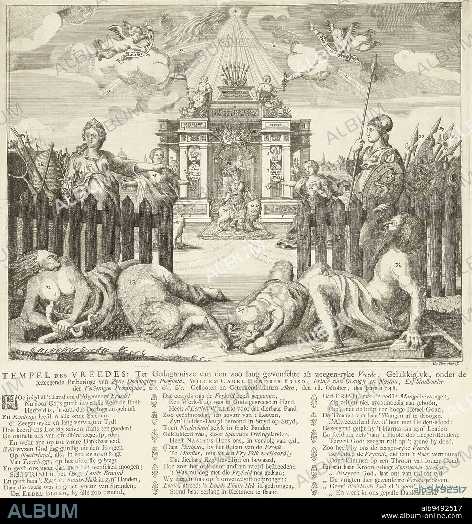 Allegory of the Peace of Aachen, C. van Beughem, 1749, Allegory of the peace of Aachen which was concluded on 18 October 1748 with glorification of William IV, prince of Orange-Nassau, who stands with the Dutch lion before the seal of peace. Beneath the print is an explanatory text in letterpress with reference to the numbers on the image. The text expresses gratitude for the preservation of religion and freedom, since the Peace of Munster (1648) several times endangered but by the role of the prince and God preserved for the fatherland., print maker: C. van Beughem, (mentioned on object), Monogrammist JVE (schrijver), (mentioned on object), publisher: weduwe Jacobus van Egmont, (mentioned on object), Amsterdam, 1749, paper, engraving, letterpress printing, h 325 mm × w 415 mm, h 590 mm × w 472 mm.