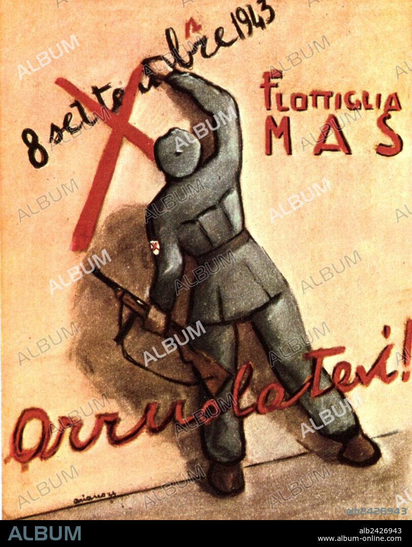 World War II-War in Italy. Fascism. 1944 Postcard celebrates X-Mas Tenth Flotilla MAS. The Decima Flottiglia MAS, Decima Flottiglia Mezzi d'Assalto, also known as La Decima or X MAS, Italian for 10th Assault Vehicle Flotilla Italian commando frogman unit of the Regia Marina Italian Royal Navy created during the Fascist regime.