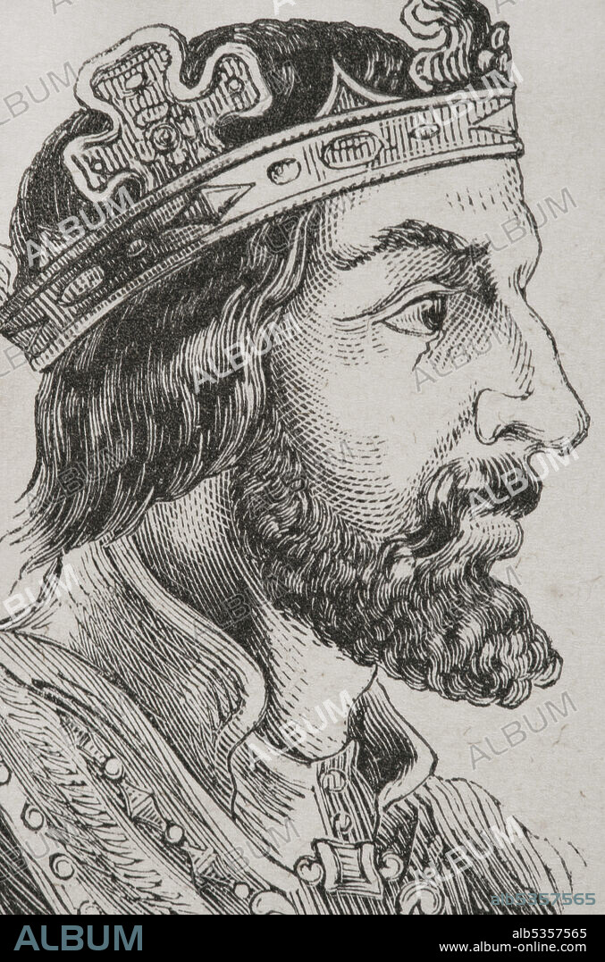 Wittiza (d. 710/711). Visigothic King of Hispania from 694 until his death, co-ruling with his father, Egica, until 702 or 703. He reigned alone until 710 or 711. Portrait. Engraving. Las Glorias Nacionales. Volume II, Madrid-Barcelona edition, 1853.
