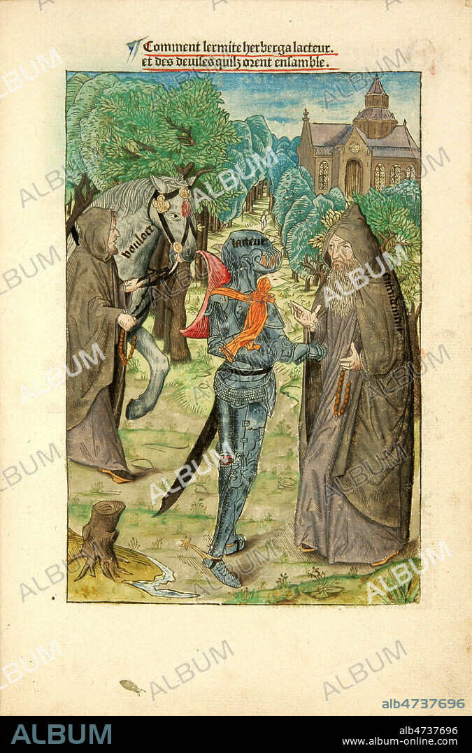 'Comment l'ermite Entendement hebergea l'Acteur ...' . Le Chevalier Delibere, poeme a la gloire de la cour de Bourgogne ecrit par Olivier de la MARCHE (1425-1502) diplomate, poete et chroniqueur de la cour de Bourgogne sous Charles le Temeraire, puis page de Philippe le Bon, redaction achevee en 1483. Un des ouvrages illustrés les pus importants de l'epoque. Ouvrage imprime vers 1489 a Gouda, bois colorie selon les instructions de l'auteur. Incunable 15eme siecle. C'est un des ouvrages que Charles Quint emporte avec lui en 1557 au monastere de Yuste, considéré comme son livre de chevet Credit MIGNY/KHARBINE TAPABOR.