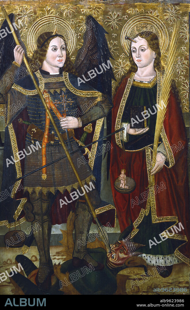 JUAN DE LA ABADIA THE YOUNGER. 'St Michael and Engracia', c1489-c1513. St Michael the Archangel stands on the devil. In his right hand he holds the scales which weigh the souls of men. On the left is St Engracia (Encratis or Encratide), a Portuguese virgin martyred in 304 at Saragossa, Spain during the persecution of Christians by the Emperor Diocletian (284-313). In one hand she holds a martyr's palm and from her head a nail protrudes.
