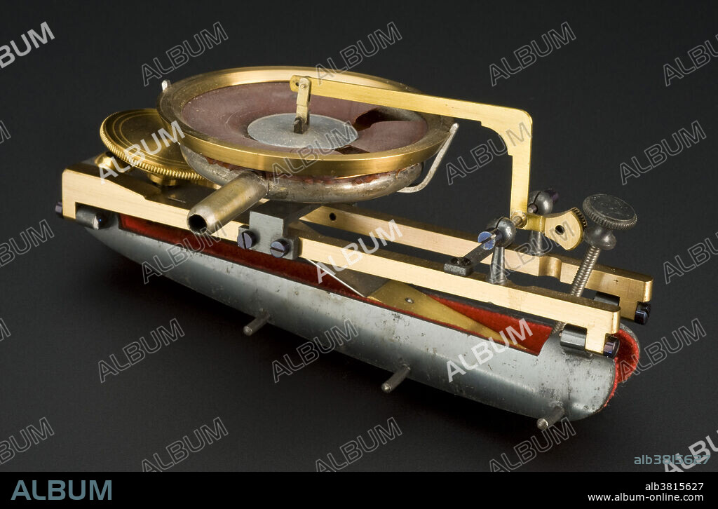 Marey's sphygmograph, c. 1860s. The sphygmograph was a mechanical device used to measure blood pressure in the mid-19th century. It was developed in 1854 by German physiologist Karl von Vierordt (1818-1884). It is considered the first external, non-intrusive device used to estimate blood pressure. The device was a system of levers hooked to a scale-pan in which weights were placed to determine the amount of external pressure needed to stop blood flow in the radial artery. Although the instrument was cumbersome and its measurements imprecise, the basic concept of Vierordt's sphygmograph eventually led to the blood pressure cuff used today. In 1863, Etienne-Jules Marey (1830-1904), improved the device by making it portable. Also he included a specialized instrument to be placed above the radial artery that was able to magnify pulse waves and record them on paper with an attached pen. Marey (1830-1904) was a French scientist, physiologist and pioneer of early photography.