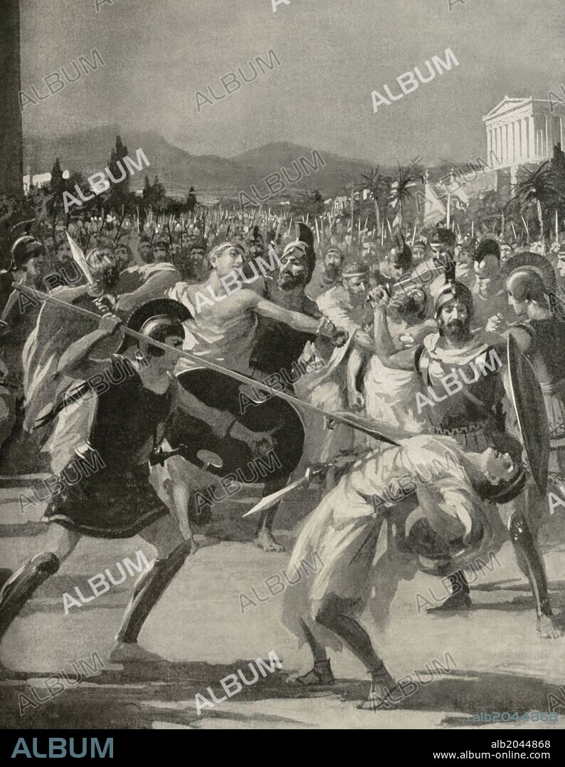 WILLIAM SPENCER BAGDATOPOULOS. Hiparco (en griego Hipparkhos) (Atenas, f. 514 a. C.). Uno de los Pisistrátidas, tirano de Atenas. Hijo menor de Pisístrato, subió al poder, junto con su hermano Hipias. En 514 a. C., fue asesinado por los tiranicidas Harmodio y Aristogitón. "Historia de las Naciones". Grabado. XIX.