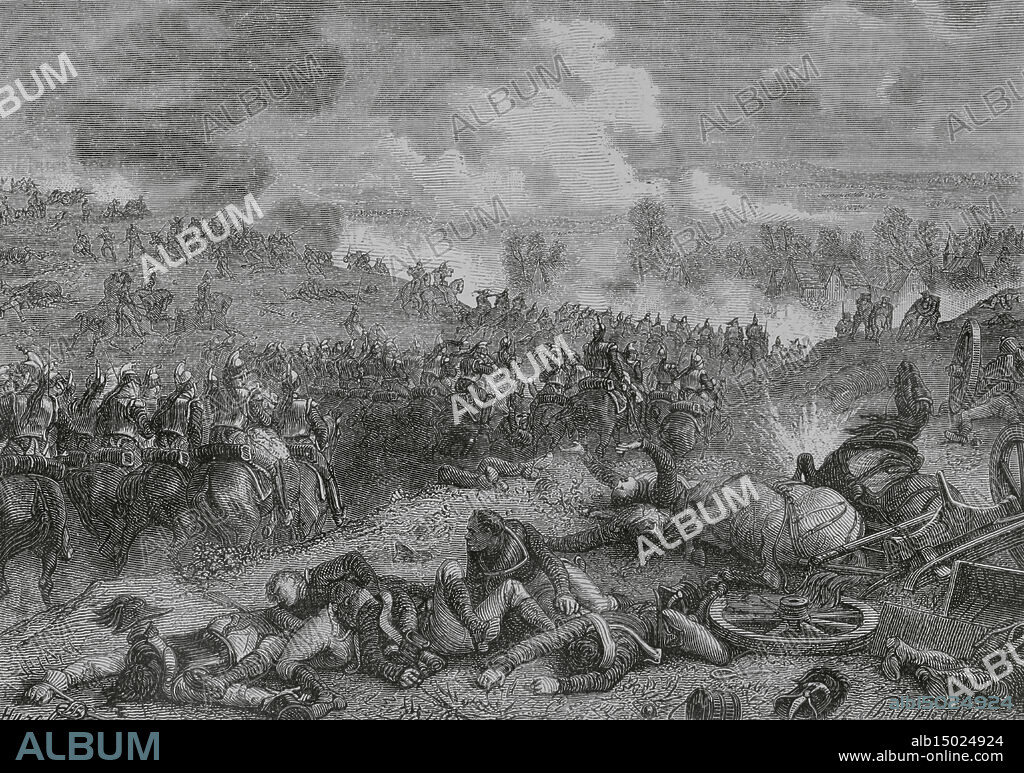 Batalla de Leipzig (16 al 19 de octubre de 1813). Las tropas de la Sexta Coalición derrotaron al ejército francés de Napoleón, obligándole a retirarse de Alemania. Primer día: la caballería de Murat ataca la aldea de Gülden-Gossa. Dibujo por Philippoteaux. Grabado por Hurel. "Histoire du Consulat et de l'Empire" (Historia del Consulado y del Imperio), por A. Thiers. Tomo IV. Publicado en Barcelona, 1879.