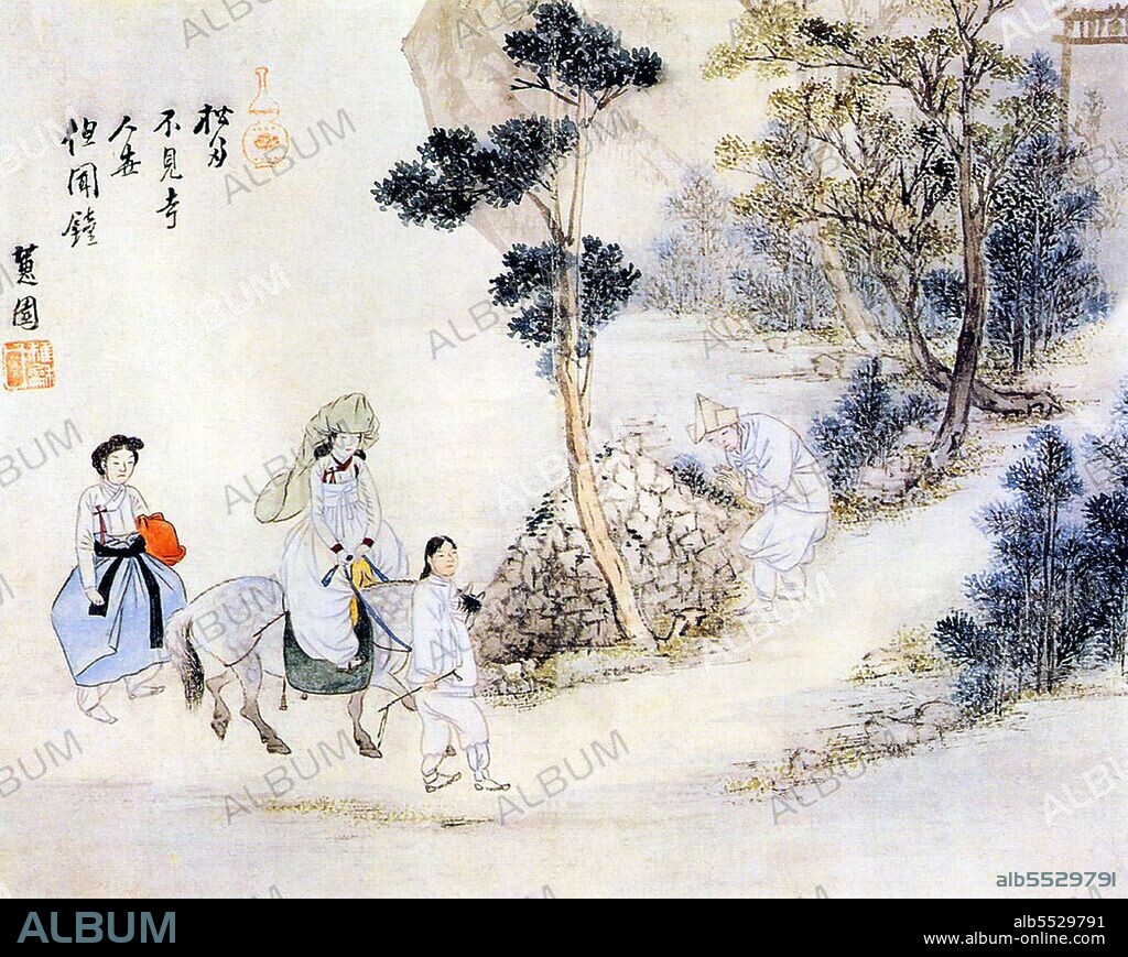 Shin Yun-bok, better known by his pen name Hyewon, (born 1758) was a Korean painter of the Joseon Dynasty. Like his contemporaries Danwon and Geungjae, he is known for his realistic depictions of daily life in his time. His genre paintings are distinctly more erotic than Danwon's, a fact which contributed to his expulsion from the royal painting institute, Dohwaseo. Painting was frequently a hereditary occupation in the Joseon period, and Hyewon's father and grandfather had both been court painters. Together with Danwon and the later painter Owon, Hyewon is remembered today as one of the ‘Three Wons’ of Joseon-period painting. Shin Yun-bok, despite being greatly influenced and overshadowed by Kim Hong-do during his career, developed his own unique technique and artistry. Whereas Kim depicted everyday life of peasants with a humorous touch, Shin showed glimpses of eroticism in his paintings of townspeople and gisaeng (courtesan). His choice of characters, composition, and painting method differed from Kim's, with use of bright colors and delicate paint strokes. He also painted scenes of shamanism and townlife, offering insight to lifestyle and costumes of the late Joseon era.