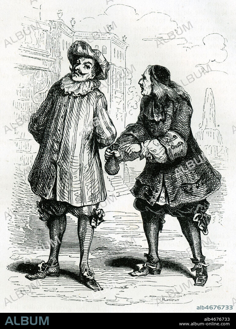 Les Fourberies de Scapin de MOLIERE (1622-1673). Geronte et Scapin, Acte II Scene 3. Illustration de 1843 par Tony JOHANNOT (1803-1852) pour Oeuvres de Moliere. Credit : Collection KHARBINE-TAPABOR.