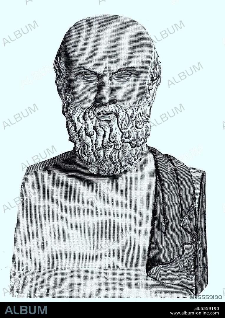 Bust of Aeschylus, 525 B. C. 456 B. in front of Sophocles and Euripides the oldest of the three great poets of Greek tragedy, bust in the Vatican, Italy, digitally enhanced reproduction of an original print from the 19th century