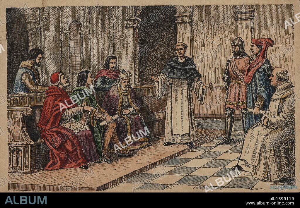 Cromolitografía ilustrando el Compromiso de Caspe suscrito entre los pretendientes Infante de Castilla, Fernando de Antequera, y el Conde de Urgell, don Jaime, el 25 de julio de 1412 en Alcañiz.