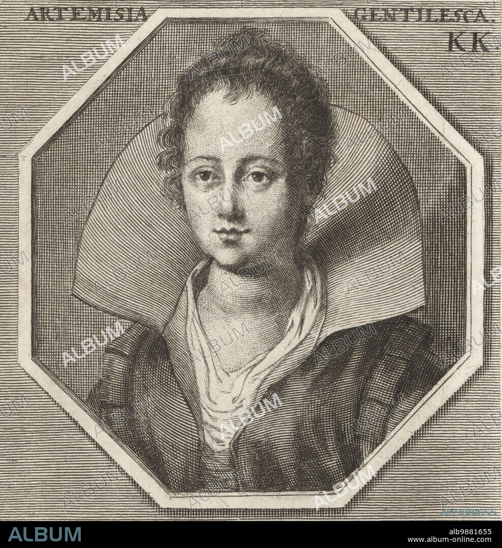Artemisia Lomi or Artemisia Gentileschi, Italian Baroque painter, 1593-c.1656. Daughter of artist Orazio Gentileschi. Artemisia Gentilesca. Copperplate engraving after an illustration by Joachim von Sandrart from his LAcademia Todesca, della Architectura, Scultura & Pittura, oder Teutsche Academie, der Edlen Bau- Bild- und Mahlerey-Kunste, German Academy of Architecture, Sculpture and Painting, Jacob von Sandrart, Nuremberg, 1675.
