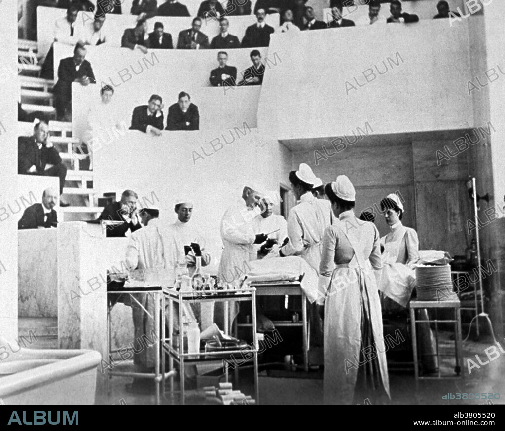 Dr. Halsted with two of the surgeons he trained, Drs. Cushing and Young in the operating theater being observed by physicians and/or students seated in the background; there are three nurses and two student attendants. Johns Hopkins Hospital Baltimore, 1903-1904. William Stewart Halsted (1852-1922) was an American surgeon who emphasized strict aseptic technique during surgical procedures, was an early champion of newly discovered anesthetics, and introduced several new operations, including the radical mastectomy for breast cancer. Harvey Williams Cushing (1869-1939) was an American neurosurgeon and a pioneer of brain surgery, and the first to describe Cushing's syndrome. He is often called the "father of modern neurosurgery." Hugh Hampton Young (1870-1945) was an American surgeon, urologist, and medical researcher. Young's contributions to the medical field are several inventions and discoveries; the "boomerang needle", a type of surgical needle designed for working with deep incisions, the Young punch, an instrument used in prostatectomy procedures and, with associates the discovery of the antiseptic merbromin, more popularly known as Mercurochrome. Young is also credited with performing the first radical perineal prostatectomy, an operation for removal of prostate cancer.