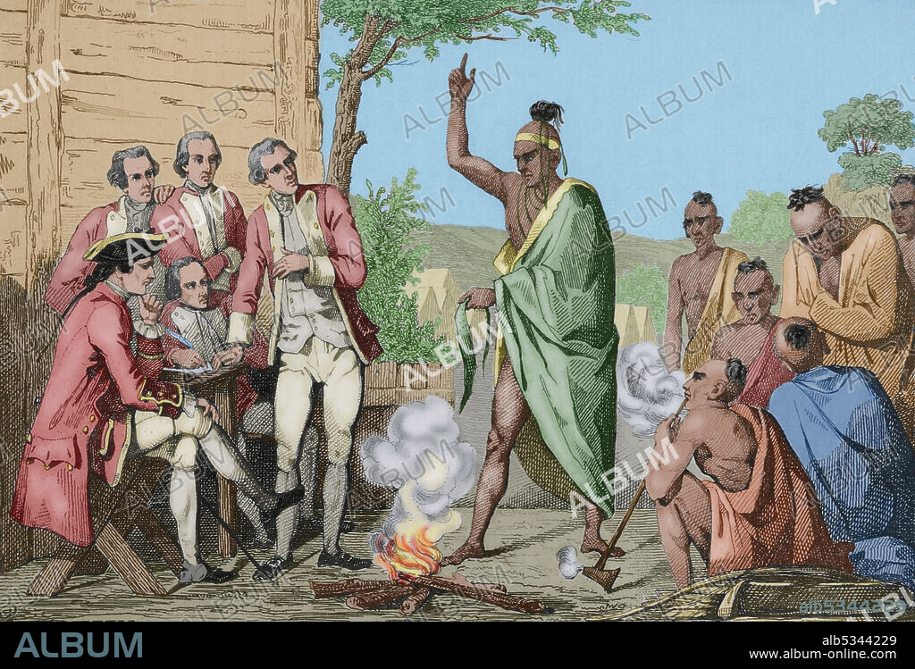 History of the United States of America. Native American council and conquistadors meeting around a fire. Engraving by Vernier. Panorama Universal. History of the United States of America, from 1st edition of Jean B.G. Roux de Rochelle's Etats-Unis d'Amérique in 1837. Spanish edition, printed in Barcelona, 1850. Later colouration.