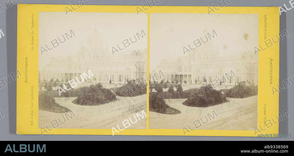 Paleis voor Volksvlijt, Amsterdam, The Paleis voor Volksvlijt; Le Palais de l'Industrie; Crystal Palace; Industrie Palast. (title on object), Amsterdam (series title on object), anonymous, Amsterdam, 1864 - 1870, cardboard, paper, albumen print, height 86 mm × width 174 mm.