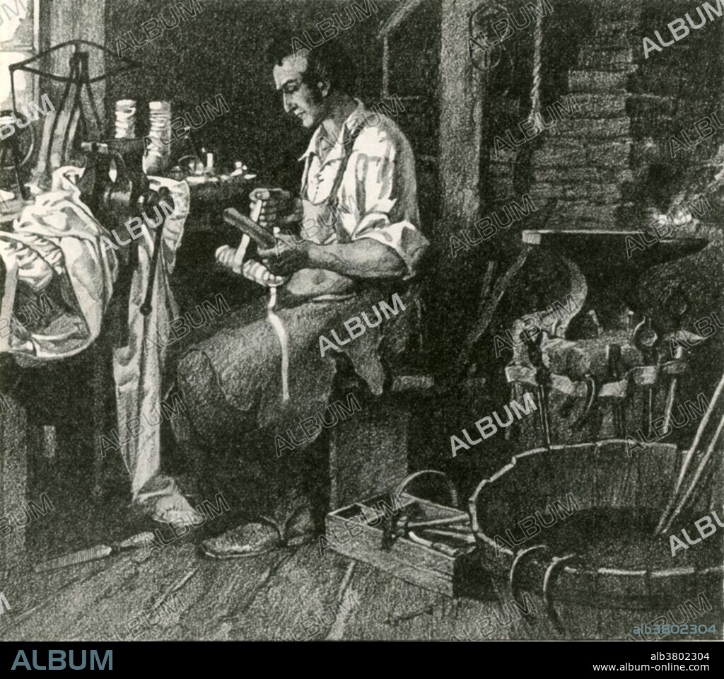 Thomas Davenport (July 9, 1802- July 6, 1851) was a Vermont blacksmith. In 1834 he bought an electromagnet from the Crown Point factory and took it apart to see how it worked. Then he forged a better iron core and redid the wiring, using silk from his wife's wedding gown, and constructed the first American DC electric motor. He used it to operate a small model car on a short section of track, paving the way for the later electrification of streetcars. He received the first American patent on an electric machine in 1837, U. S. Patent No. 132. He died in 1851 at the age of 48.