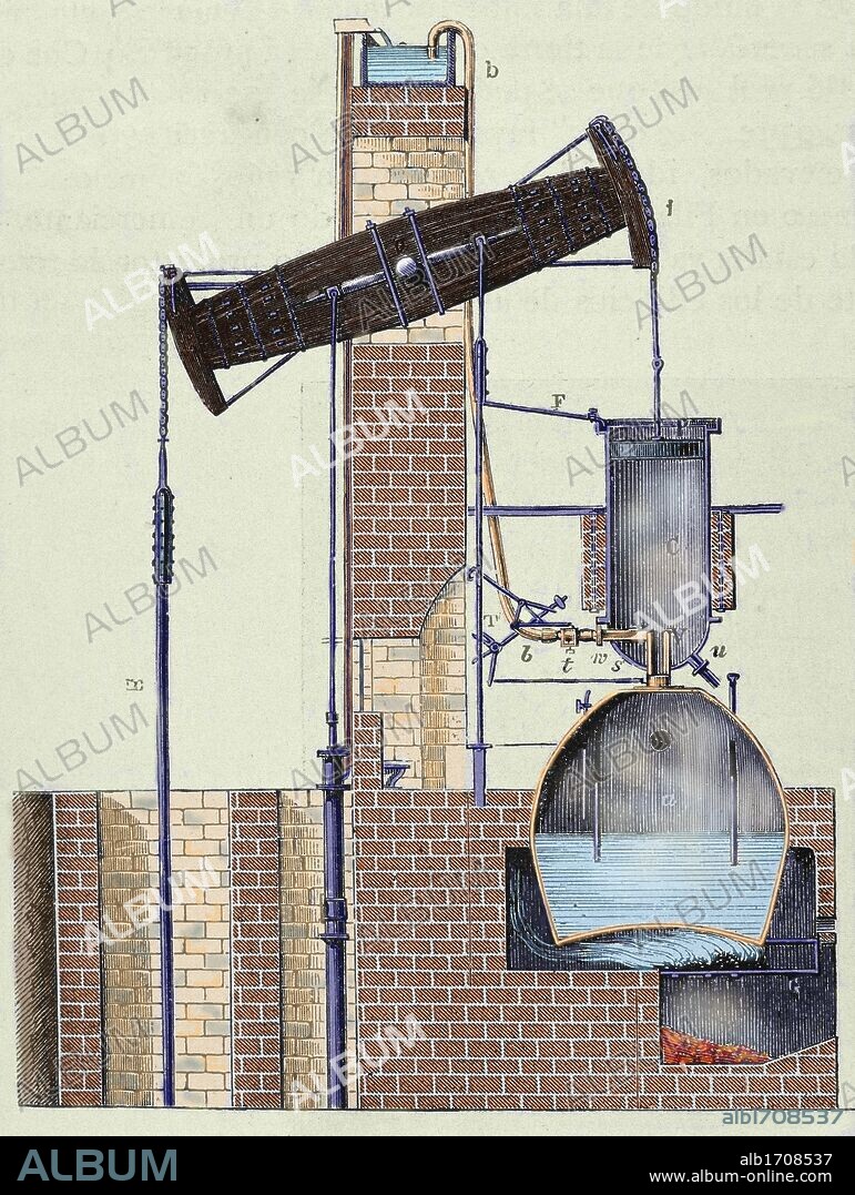 MAQUINA ATMOSFERICA o también llamada "MAQUINA DE NEWCOMEN", en honor de su inventor, el mecánico inglés Thomas Newcomen (1663-1729). Este aparato consistía en una bomba de vapor proyectada para achicar agua en las galerías de minas (1712). Fue la primera máquina de vapor útil, precursora de la de Watt (1776). Grabado coloreado.