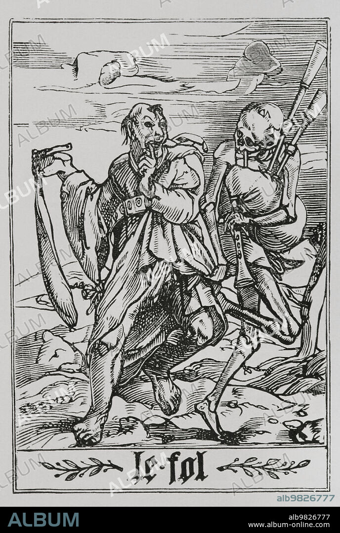 El Loco. Un esqueleto tocando la gaita mientras le estira del ropaje. Facsímil de un grabado perteneciente a la serie "La Danza de la Muerte", en "Les Simulachres et Histoires facées de la Mort", edición latina de 1547. "Vie Militaire et Religieuse au Moyen Age et à l'Epoque de la Renaissance". París, 1877.