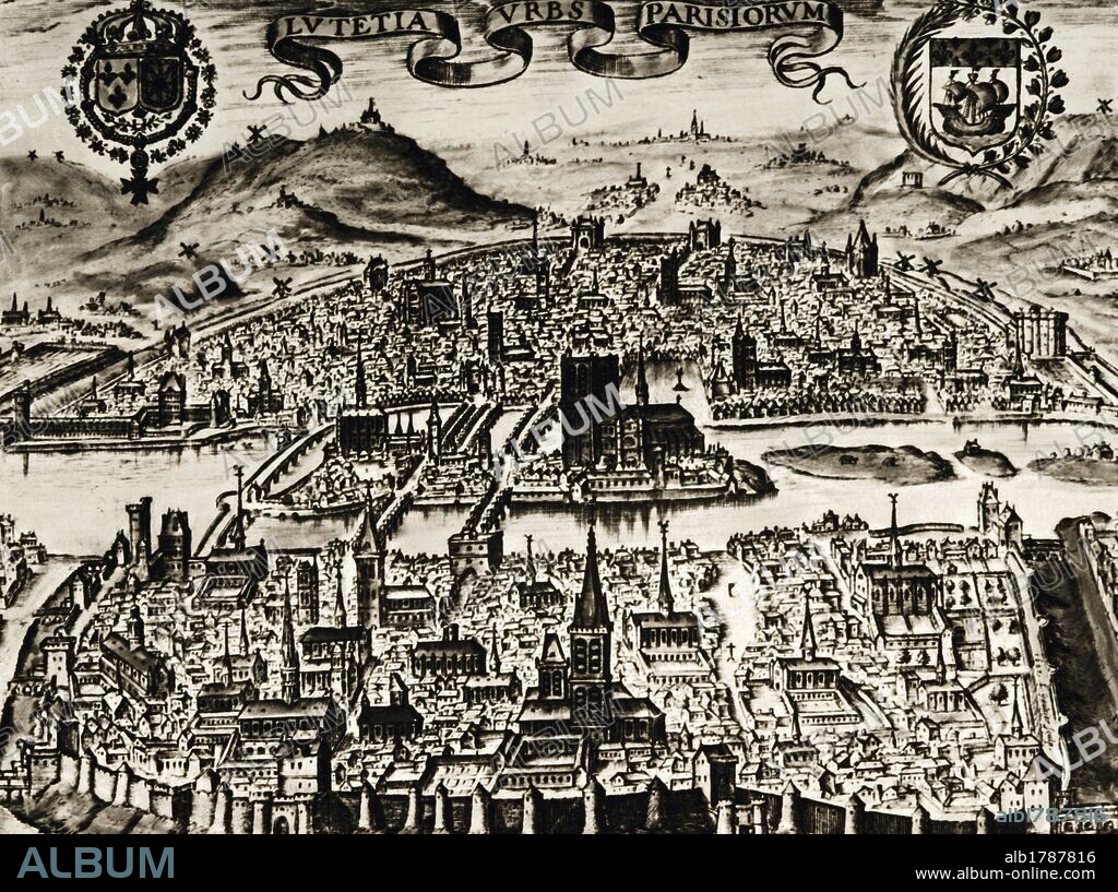 France. Paris. Overview of the city. Late 16th century.