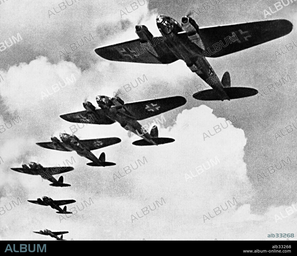 Heinkel He 111 with two Junkers Jumo engines. Formation of five aircrafts, viewed from below. This was Luftwaffe primary medium bomber.