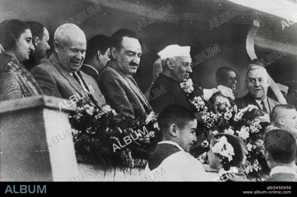Nehru And Soviet Leaders Hear Bulganin Peace Talk -- In box in Moscow's Dynamo Stadium today, where Russia's Premier Nikolai Bulganin talked of reducing international tension, are India's Premier Nehru and top Soviet leaders who listened as did 100,000 persons crowding the stadium. Left to right: Indira Gandhi, Nehru's daughter; Nikita Khruschev, A. I. Mikoyan, Jawaharlal Nehru and Premier Bulganin. Nehru and his daughter are winding up a two-week visit to Russia. June 21, 1955. (Photo by AP Wirephoto).