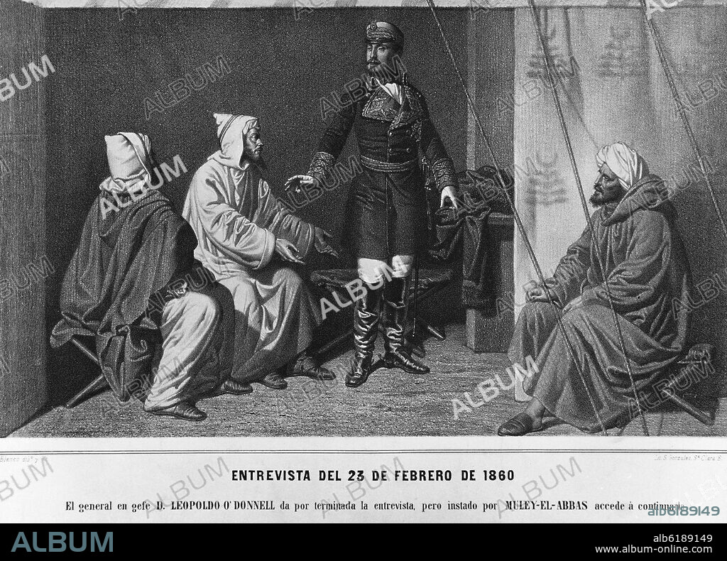 BLANCO. ENTREVISTA 23/2/1860 EL GRAL O'DONNELL Y MULEY EL ABBAS - EL GENERAL O'DONNEL TRATA CON CAUDILLOS RIFEÑOS - GRABADO - SIGLO XIX.