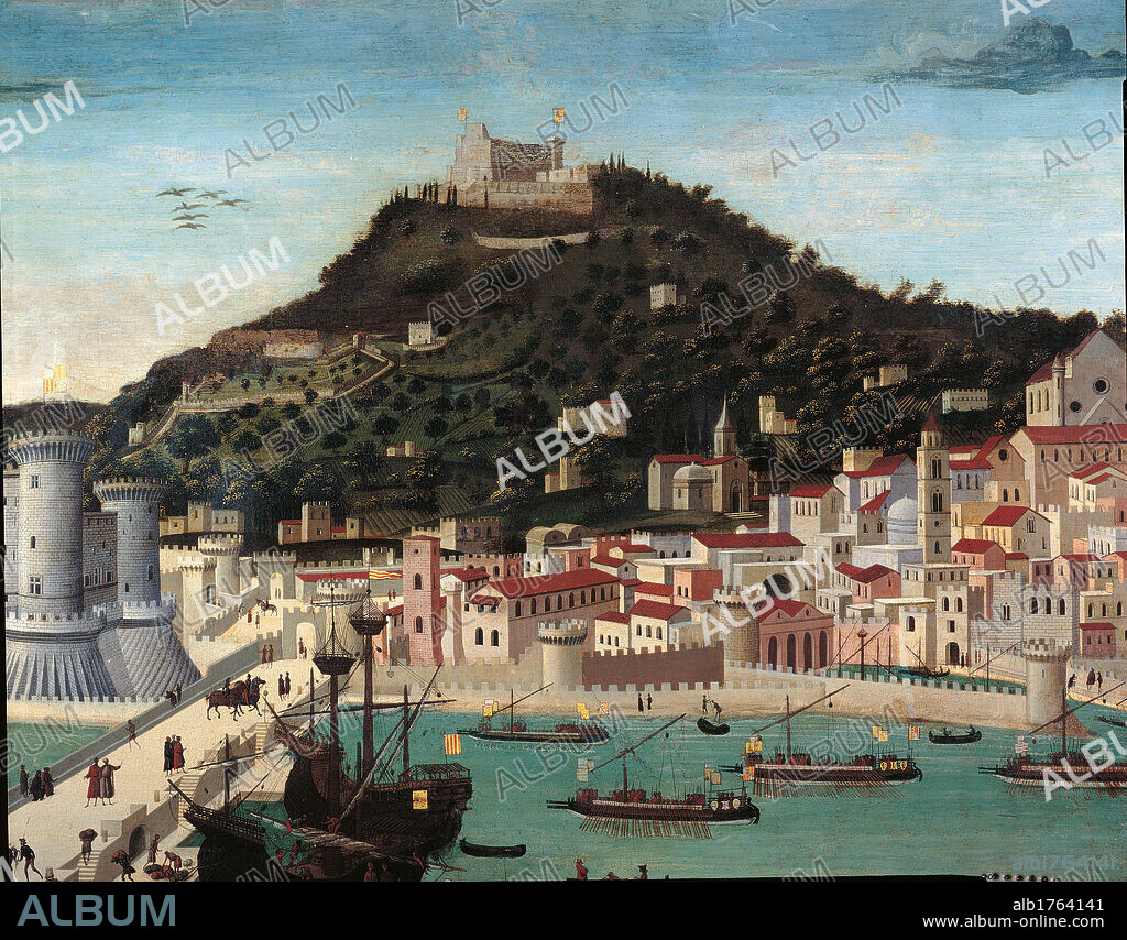 Tavola Strozzi, by Francesco Pagano, 1472-1473, 15th Century, wood,. Italy, Campania, Naples, San Martino Charterhouse and Museum. Detail. Gulf Naples harbor sea boats lighthouse. Authorization required for non editorial use.