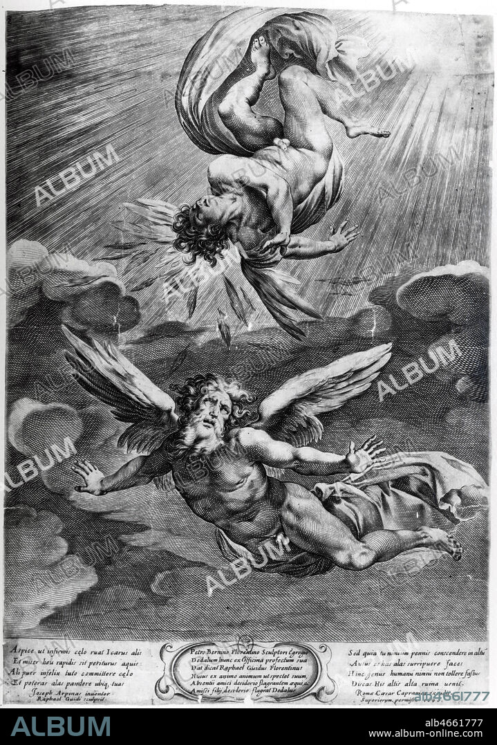 ICARE: la chute. Il s'echappe du labyrinthe avec son pere DEDALE. Credit: Collection KHARBINE-TAPABOR.