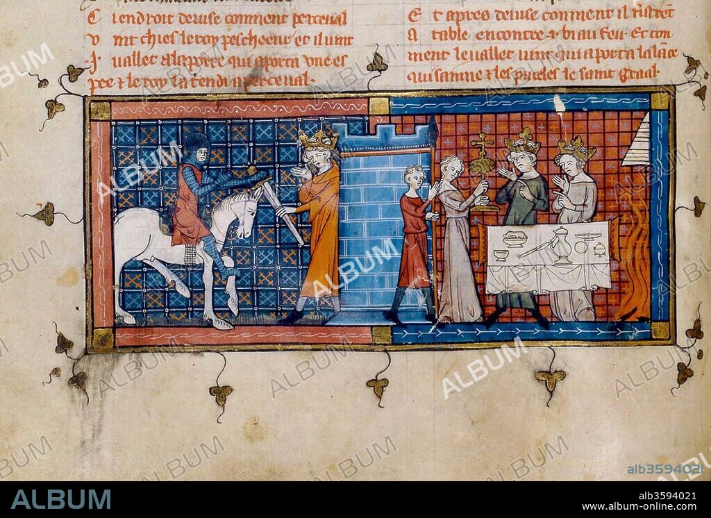 ANONYMOUS. Perceval arrives at the Grail Castle. From "Perceval ou Le Conte du Graal" by Chrétien de Troyes.