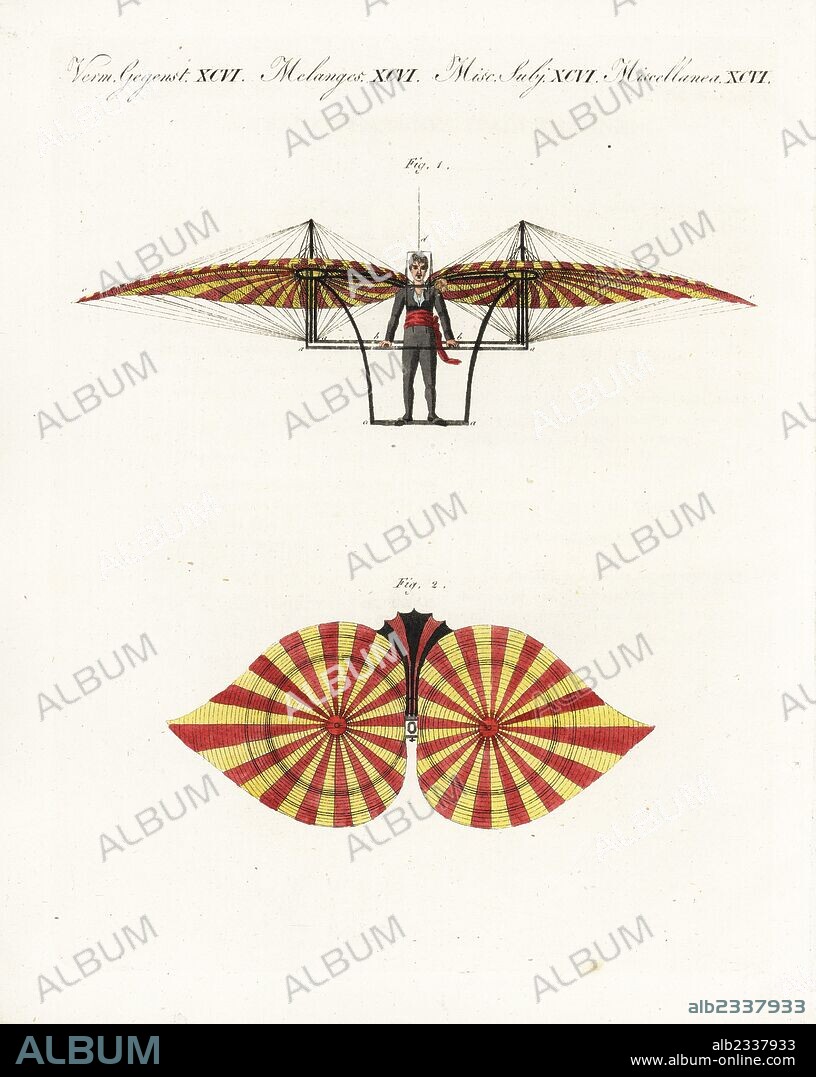 Flying machine built by Jacob Degen, a clockmaker from Vienna. Degen made his first attempt in his tethered ornithopter in the spring of 1808, aided by a counterweight, and rose to 54 feet. He later added a balloon to his machine and flew several times on November 12 and 15, 1808. Handcoloured copperplate engraving from Bertuch's "Bilderbuch fur Kinder" (Picture Book for Children), Weimar, 1807. Friedrich Johann Bertuch (1747-1822) was a German publisher and man of arts most famous for his 12-volume encyclopedia for children illustrated with 1,200 engraved plates on natural history, science, costume, mythology, etc., published from 1790-1830.