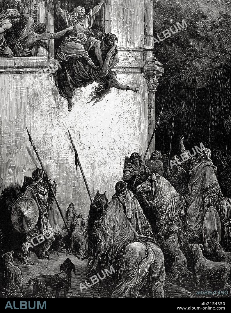 HISTORIA DEL ANTIGUO TESTAMENTO. JEHÚ. Décimo rey de Israel según la Biblia, con un reinado de 28 años. Escena de la purga realizada por Jehú contra sus enemigos de la casa de Ajab. " Momento donde Jehú manda precipitar por la ventana a Jezabel, reina madre, de la casa Ajab, por insultarlo". Los Reyes. Libro IV. Cap. IX. Vers. 30 al 24. Dibujo de Gustavo Doré. Grabado de Maurand.