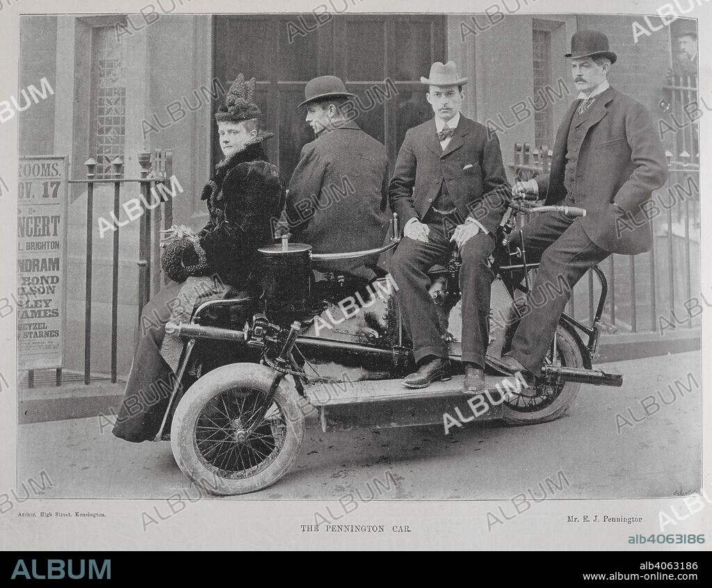 'The Pennington car'. Mr E.J. Pennington. Edward Joel Pennington (1858-1911) was an inventor and promoter of many mechanical devices, including automobiles. The illustrated Sporting and Dramatic News. London, 1896. Source: The illustrated Sporting and Dramatic News. 21/11/1896 page 440.