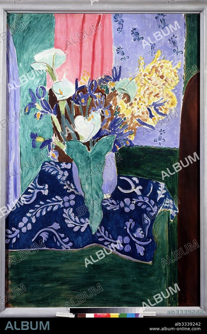 HENRI MATISSE. Blue vase with flowers on a blue tablecloth.