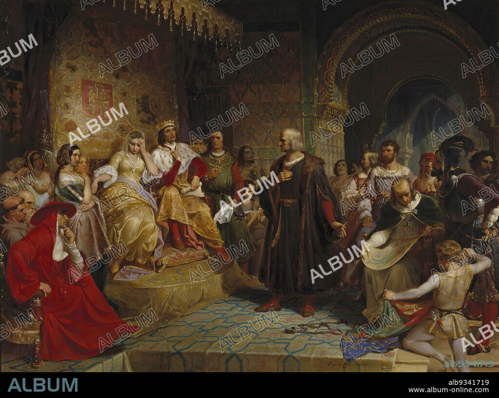 Columbus before the Queen, Emanuel Leutze, American, born Germany, 1816-1868, Oil on canvas, 1843, 38 9/16 x 50 15/16 in., 97.9 x 129.4 cm, 1843, 19th Century, American, Christopher, Christopher Columbus, clothing, Columbus, Columbus before the Queen, costume, Emanuel Leutze, expedition, exploration, explorer, historical painting, history, Oil, Painting, presentation, Queen Isabella, royal, royalty, rulers, Spain, Spanish Court.
