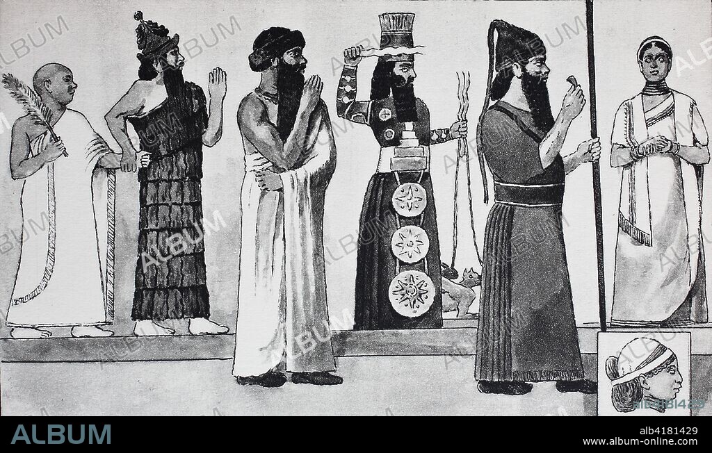 Clothes fashion in Babylon and Assyria, from left, Old Babylonian priest king Gudea around 2250 BC, in the woven white coat is led by a god, this in the coat of fur, then King Hamurabi, around 2200 BC, in the Sumerian coat and crimson fur hat, then an idol of the Babylonian Assyrian weather god Adad, then King Merodach-Baladan of Babylon, 722-710 BC, then a noble Babylonian woman, digital improved reproduction of an original print from the 19th century.