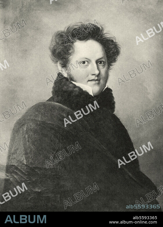 Goethe, August von Conseiller de la chambre secrète grand duc de Saxe (fils de Johann Wolfgang von Goethe). Weimar 25.12.1789 - Rome 27.10.1830. Portrait. Peinture, 1828, de Ehrengott Grünler. (1797-1881). Weimar, SWKK, Goethe-Nationalmuseum.