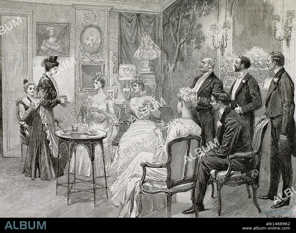 GEORGES BERTIN SCOTT. Reunión de familias aristócratas en un salón. Grabado del año 1892, obra de George Scott.