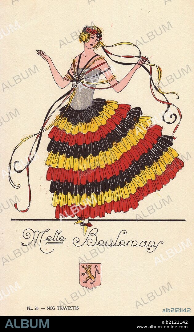 Woman in fancy dress costume as Mademoiselle Beulemans, in a frilly gown with ribbons in the colours of the Belgian flag. The Marriage of Mlle. Beulemans was a popular play first published in 1910. Lithograph by unknown artist with pochoir stencil handcolouring from "Nos Travestis" (Our Fancy Dress Costumes), Paris, 1928.
