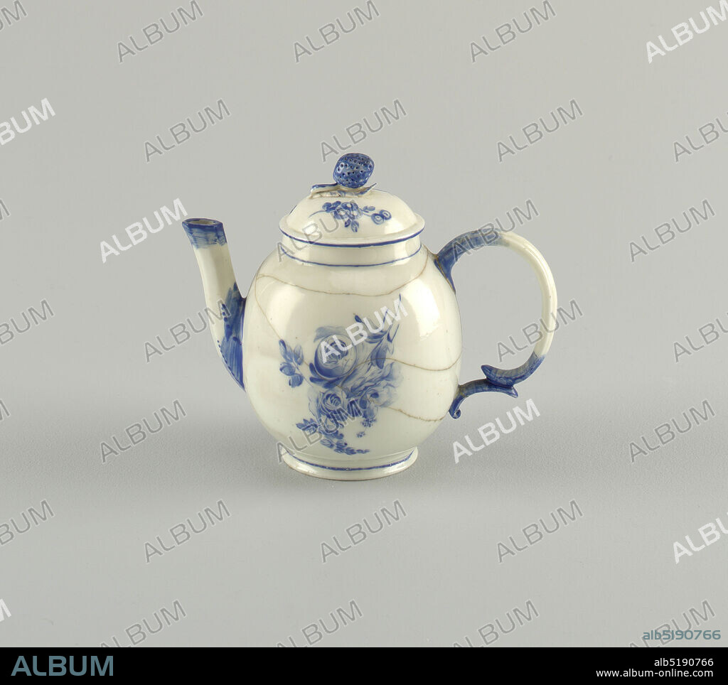 Teapot (Théière), Bourg-la-Reine Porcelain Factory, French, ca. 1773 1805, soft paste porcelain, vitreous enamel, Circular; elliptical in elevation. Double scrolled handle, octagonal spout, domed cover with strawberry knob; cover and handle pierced. Top and bottom of spout and handle painted blue; blue spray of flowers on either side of pot., France, ca. 1780, ceramics, Decorative Arts, teapot, teapot.
